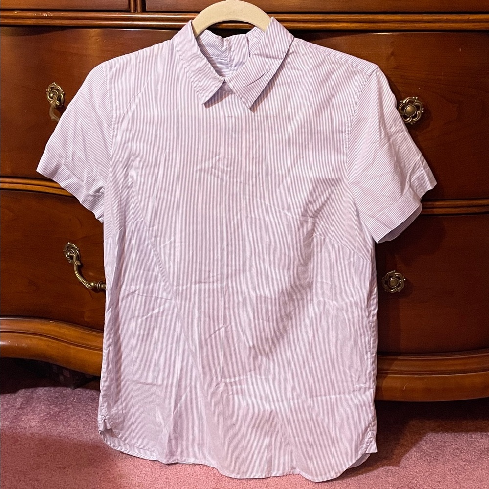 J. Crew White and Blue Striped Collared Blouse with Zip Back